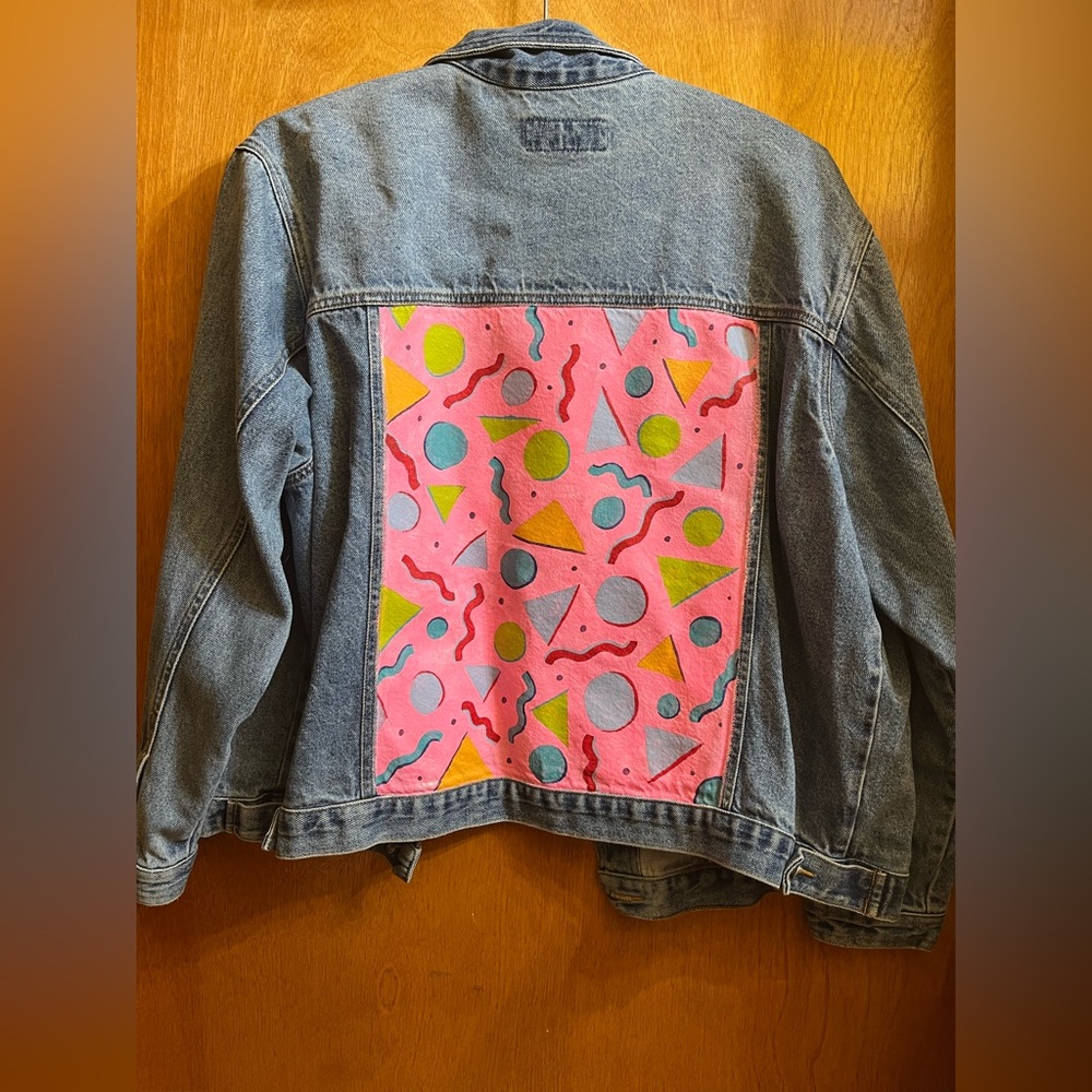 Handpainted Denim Jacket with Colorful Geometric Design